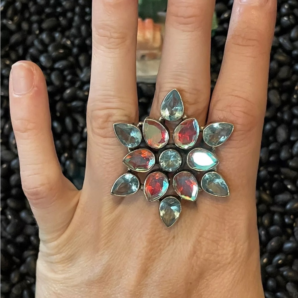 Native Sterling Faceted Multi-Stone Blue Rainbow Borealis Cluster Snowflake Ring 89$